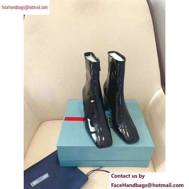 Prada Heel 8.5cm Glossy Patent Leather Square Toe Booties Black 2020