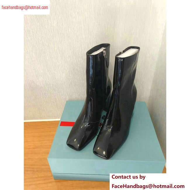 Prada Heel 8.5cm Glossy Patent Leather Square Toe Booties Black 2020