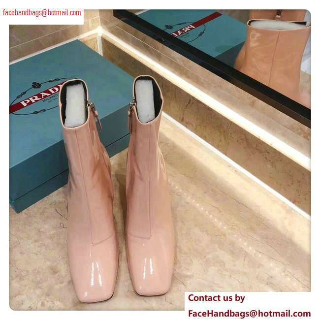 Prada Heel 8.5cm Glossy Patent Leather Square Toe Booties Nude 2020 - Click Image to Close