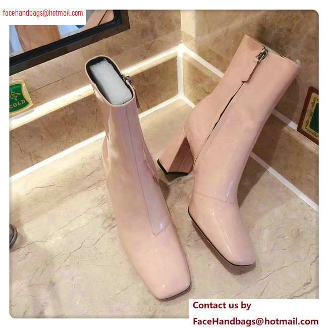 Prada Heel 8.5cm Glossy Patent Leather Square Toe Booties Nude 2020