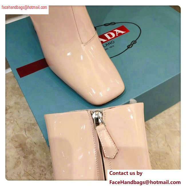 Prada Heel 8.5cm Glossy Patent Leather Square Toe Booties Nude 2020 - Click Image to Close
