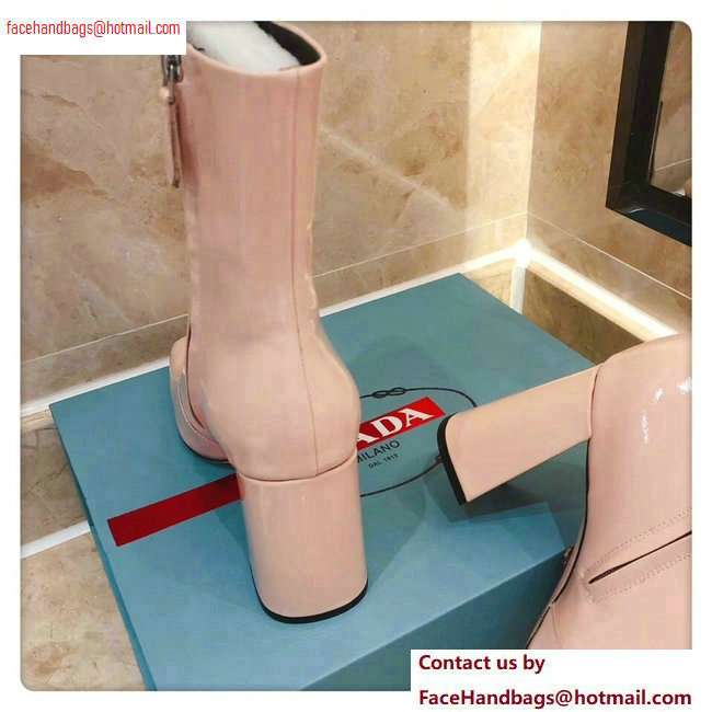 Prada Heel 8.5cm Glossy Patent Leather Square Toe Booties Nude 2020