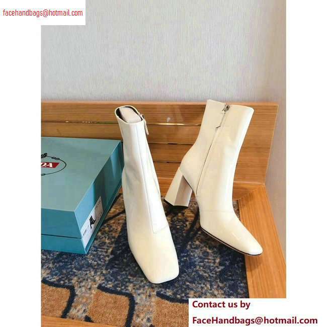 Prada Heel 8.5cm Glossy Patent Leather Square Toe Booties White 2020