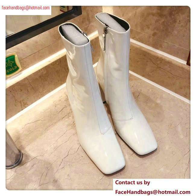 Prada Heel 8.5cm Glossy Patent Leather Square Toe Booties White 2020