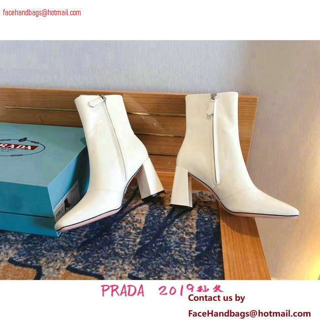 Prada Heel 8.5cm Glossy Patent Leather Square Toe Booties White 2020 - Click Image to Close