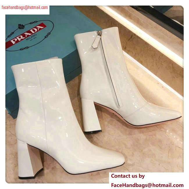 Prada Heel 8.5cm Glossy Patent Leather Square Toe Booties White 2020 - Click Image to Close