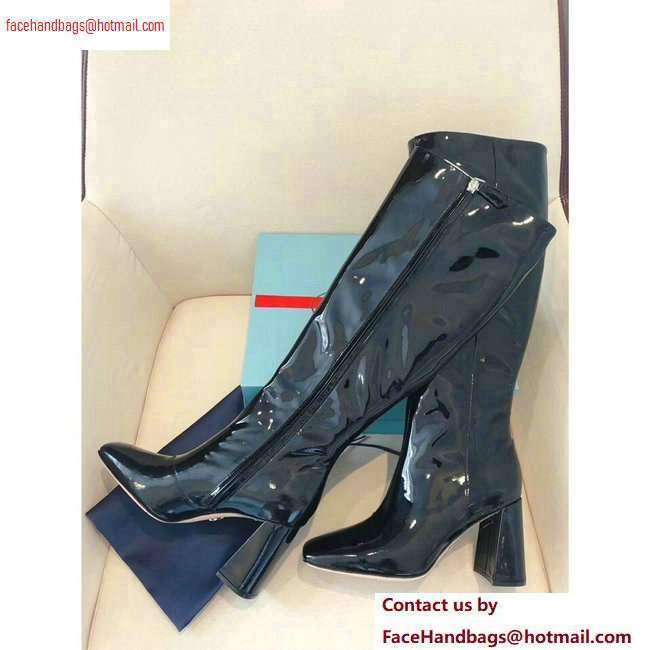 Prada Heel 8.5cm Glossy Patent Leather Square Toe Boots Black 2020 - Click Image to Close