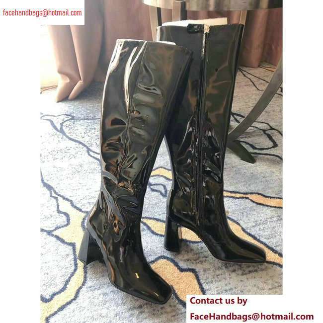 Prada Heel 8.5cm Glossy Patent Leather Square Toe Boots Black 2020