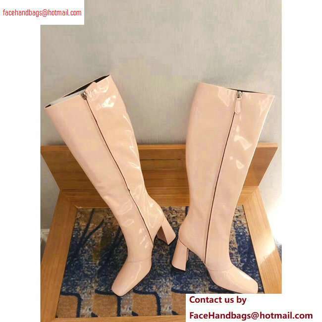 Prada Heel 8.5cm Glossy Patent Leather Square Toe Boots Nude 2020