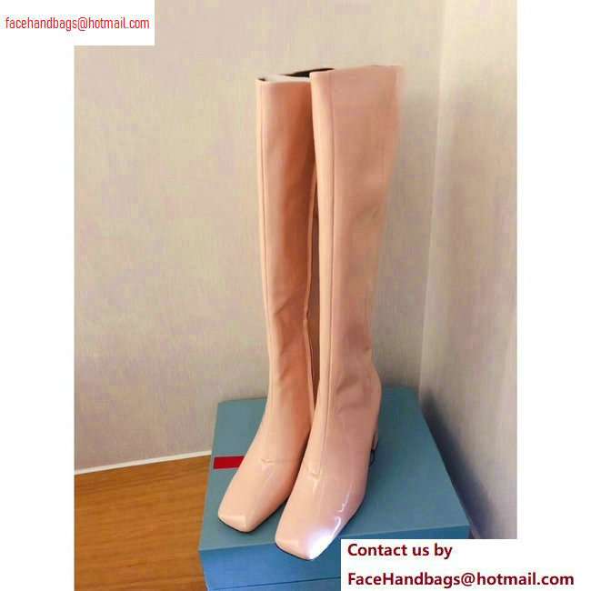 Prada Heel 8.5cm Glossy Patent Leather Square Toe Boots Nude 2020