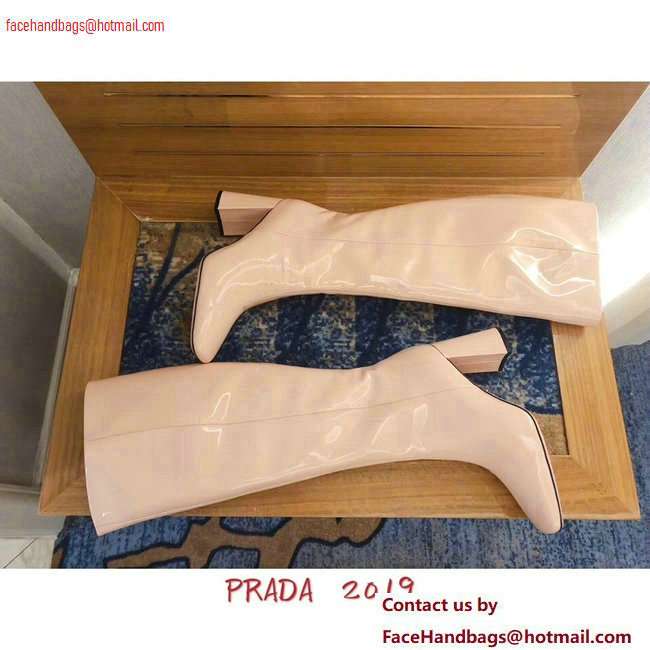 Prada Heel 8.5cm Glossy Patent Leather Square Toe Boots Nude 2020 - Click Image to Close