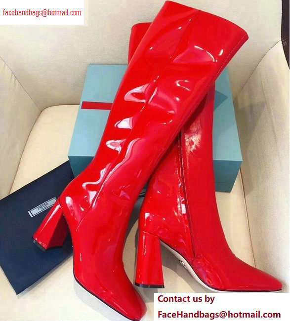 Prada Heel 8.5cm Glossy Patent Leather Square Toe Boots Red 2020 - Click Image to Close