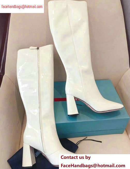 Prada Heel 8.5cm Glossy Patent Leather Square Toe Boots White 2020 - Click Image to Close