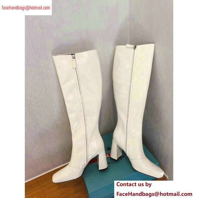 Prada Heel 8.5cm Glossy Patent Leather Square Toe Boots White 2020