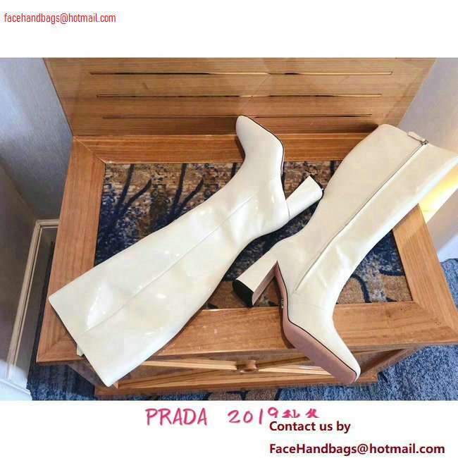 Prada Heel 8.5cm Glossy Patent Leather Square Toe Boots White 2020 - Click Image to Close