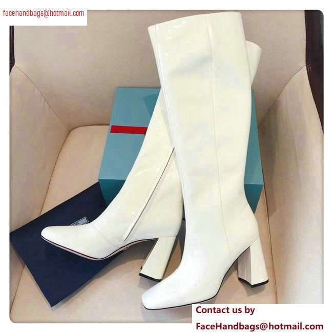 Prada Heel 8.5cm Glossy Patent Leather Square Toe Boots White 2020