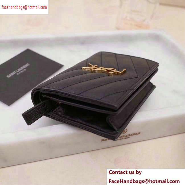 Saint Laurent Monogram Card Case in Grained Embossed Leather 530841 Black/Gold - Click Image to Close