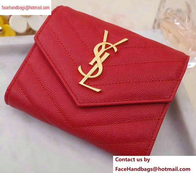 Saint Laurent Monogram Compact Tri Fold Wallet in Grained Embossed Leather 403943 Red/Gold - Click Image to Close