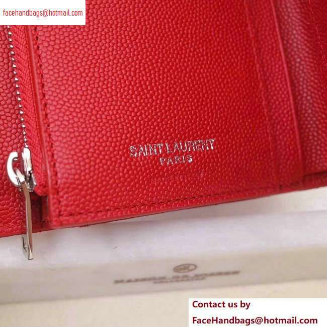 Saint Laurent Monogram Compact Tri Fold Wallet in Grained Embossed Leather 403943 Red/Silver - Click Image to Close