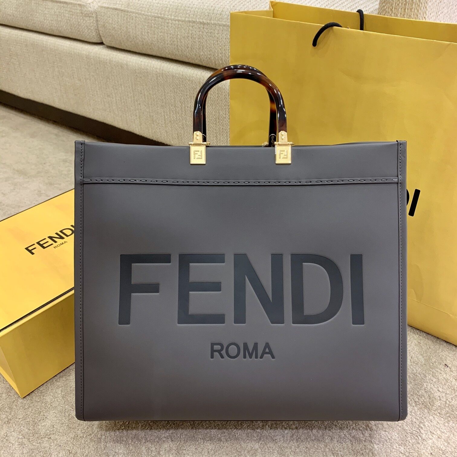 Fendi Leather Shopper Tote Bag Gray 2021