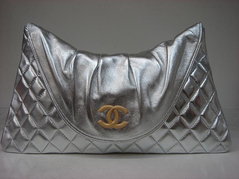 Chanel 223 Silver Lambskin Leather Evening Bag With Gold Hardware