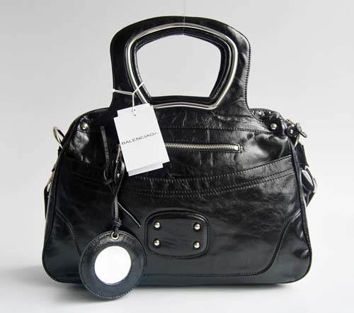 Balenciaga 2949 Black Oil Leather Cutout Detail Medium Bag - Click Image to Close