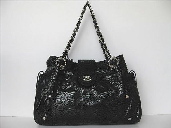 Chanel 335538 Replica Handbag Black Snakeskin Leather With Silver Hardware
