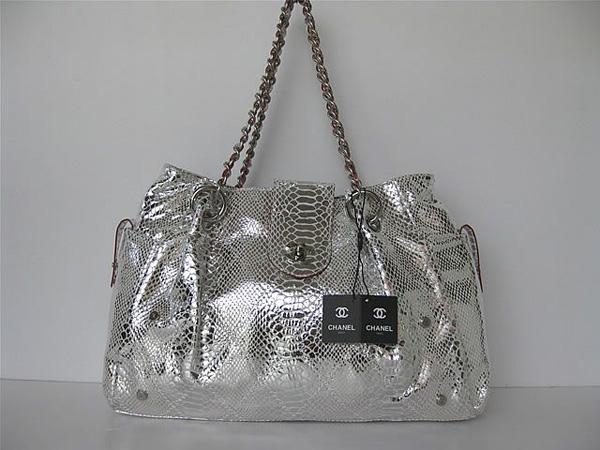 Chanel 335538 Replica Handbag Silver Snakeskin Leather With Silver Hardware