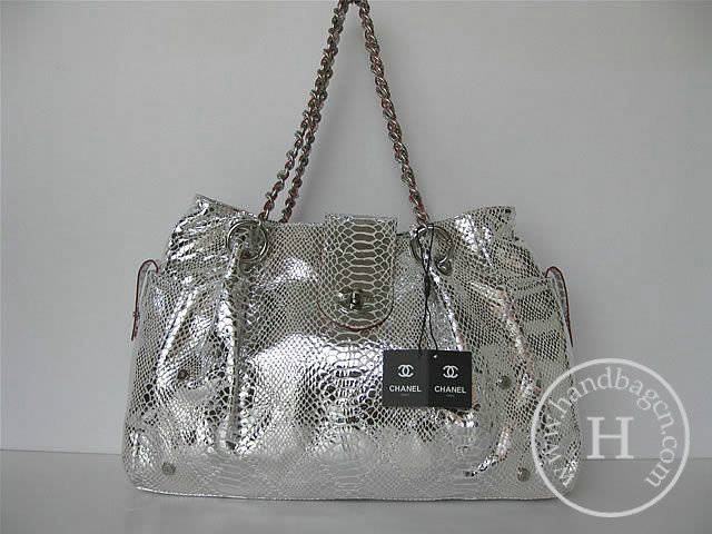 Chanel 335538 Replica Handbag Silver Snakeskin Leather With Silver Hardware - Click Image to Close