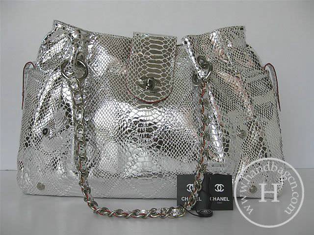 Chanel 335538 Replica Handbag Silver Snakeskin Leather With Silver Hardware - Click Image to Close
