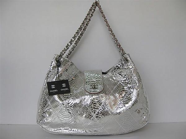 Chanel 335539 Replica Handbag Silver Snakeskin Leather With Silver Hardware
