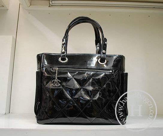 Chanel 35450 Black Patent Leather Replica Handbag With Silver Hardware - Click Image to Close