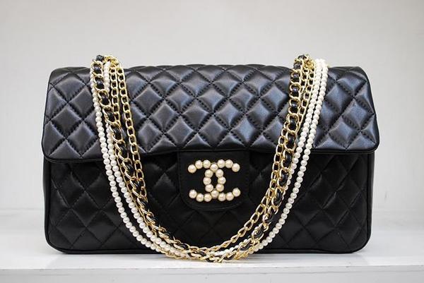 Chanel 35876 Black lambskin Pearl Chain Replica Handbag
