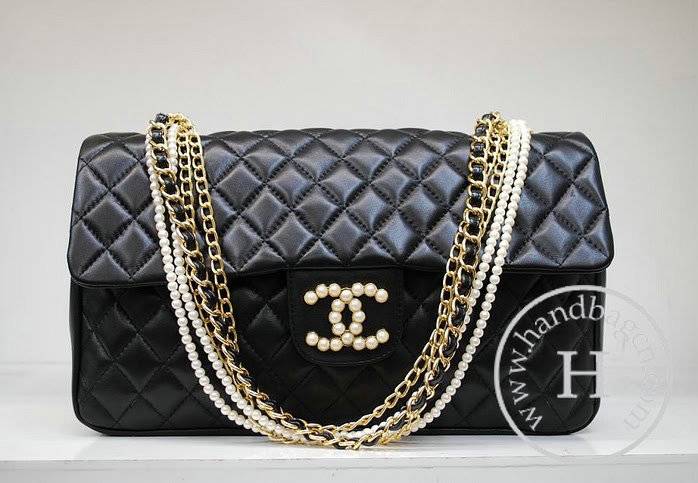 Chanel 35876 Black lambskin Pearl Chain Replica Handbag - Click Image to Close
