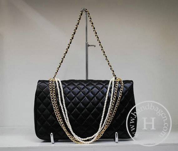 Chanel 35876 Black lambskin Pearl Chain Replica Handbag