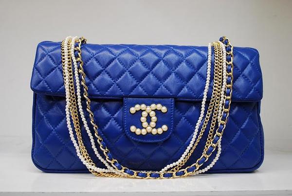 Chanel 35876 Blue Lambskin Pearl Chain Replica Handbag
