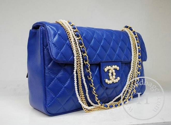 Chanel 35876 Blue Lambskin Pearl Chain Replica Handbag