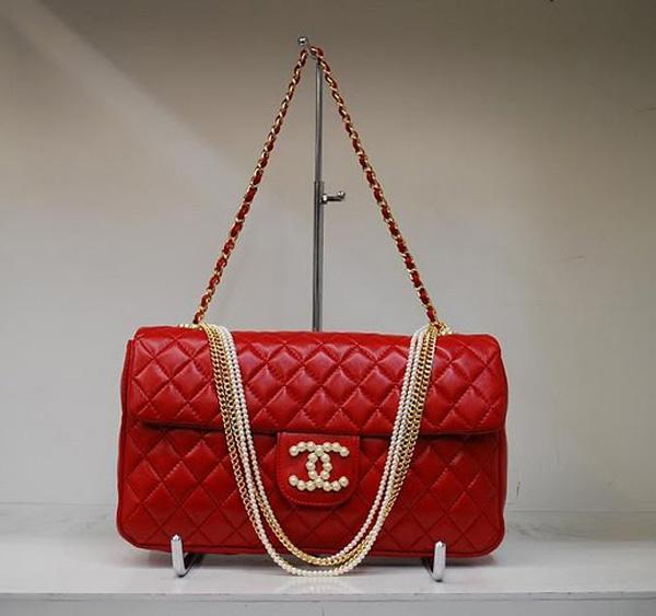 Chanel 35876 Red Lambskin Pearl Chain Replca Handbag