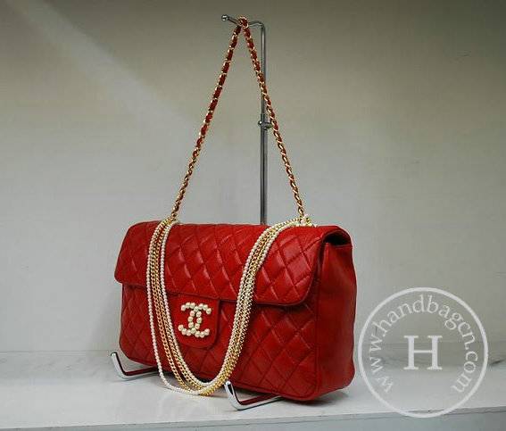 Chanel 35876 Red Lambskin Pearl Chain Replca Handbag