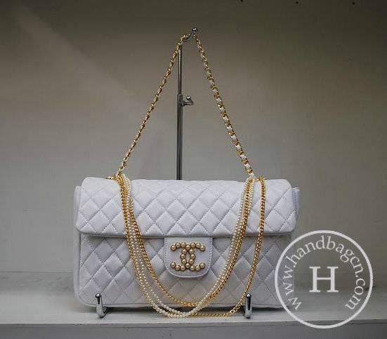 Chanel 35876 White Lambskin Pearl Chain Replica Handbag - Click Image to Close