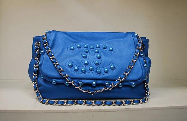 Chanel 35950 Replica Handbag Blue Lambskin Leather With Silver Hardware