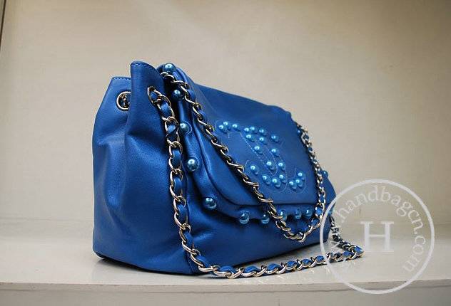 Chanel 35950 Replica Handbag Blue Lambskin Leather With Silver Hardware - Click Image to Close