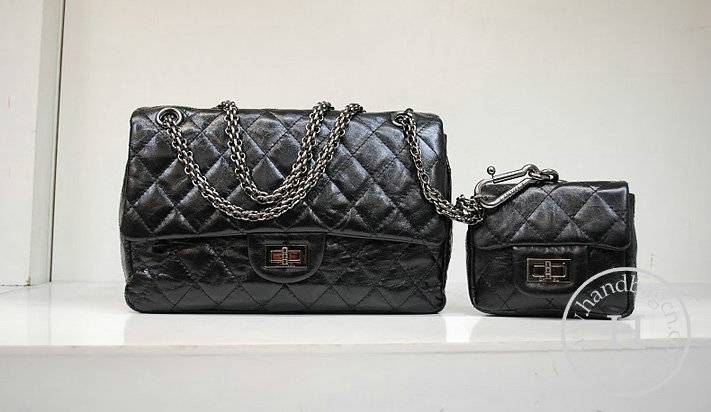 Chanel 35954 replica handbag Black oil leather with silver hardware