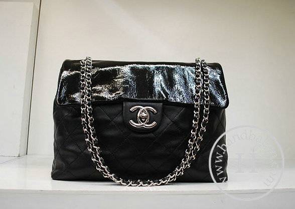 Chanel 35978 Replica Handbag Black Lambskin And Patent Leather With Silver Hardware