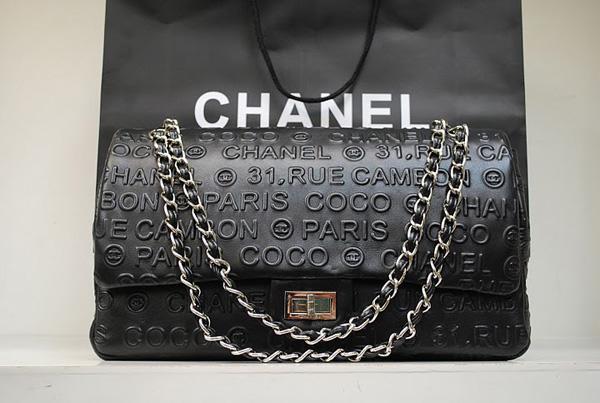 Chanel 36008 Black Embossed Leather Replica Handbag With Silver Hardware - Click Image to Close