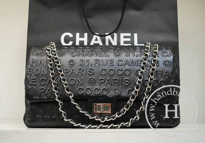 Chanel 36008 Black Embossed Leather Replica Handbag With Silver Hardware - Click Image to Close