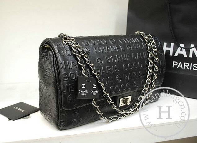 Chanel 36008 Black Embossed Leather Replica Handbag With Silver Hardware
