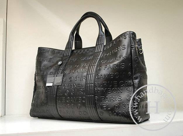Chanel 36009 Knockoff Handbag Black Embossed Leather - Click Image to Close