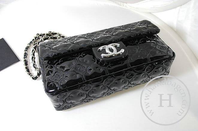 Chanel 36011 Knockoff Handbag Black Embroidery Patent Leather With Silver Hardware
