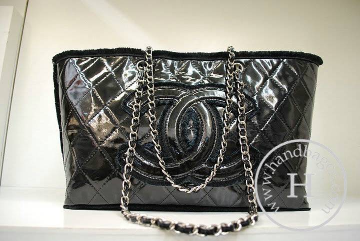 Chanel 36016 Knockoff Handbag Black Patent Leather With Silver Hardware